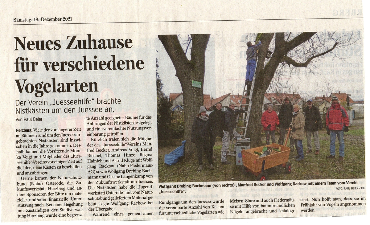 Zeitungsartikel Harz Kurier 18.12.2021 Nistkasten Fledermauskasten Aktion