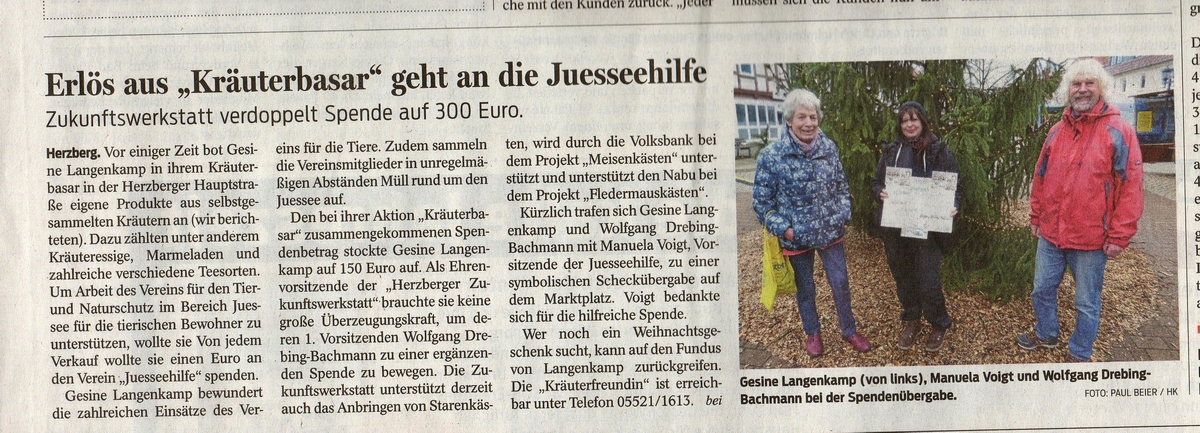 Zeitungsartikel Harzkurier Erlös Kräuterbasar an die Juesseehilfe Danke